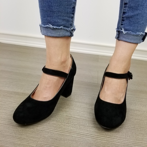 Cute black faux suede chunky heel pumps - Picture 8 of 8